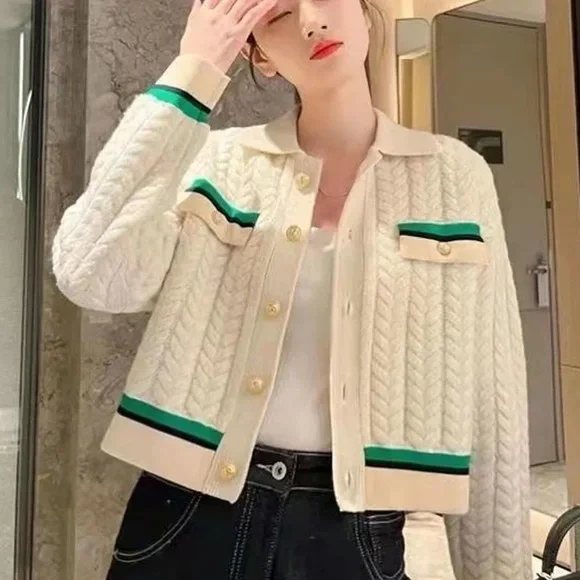 Marled Cream green Stripe Knitted Sweater Size XL